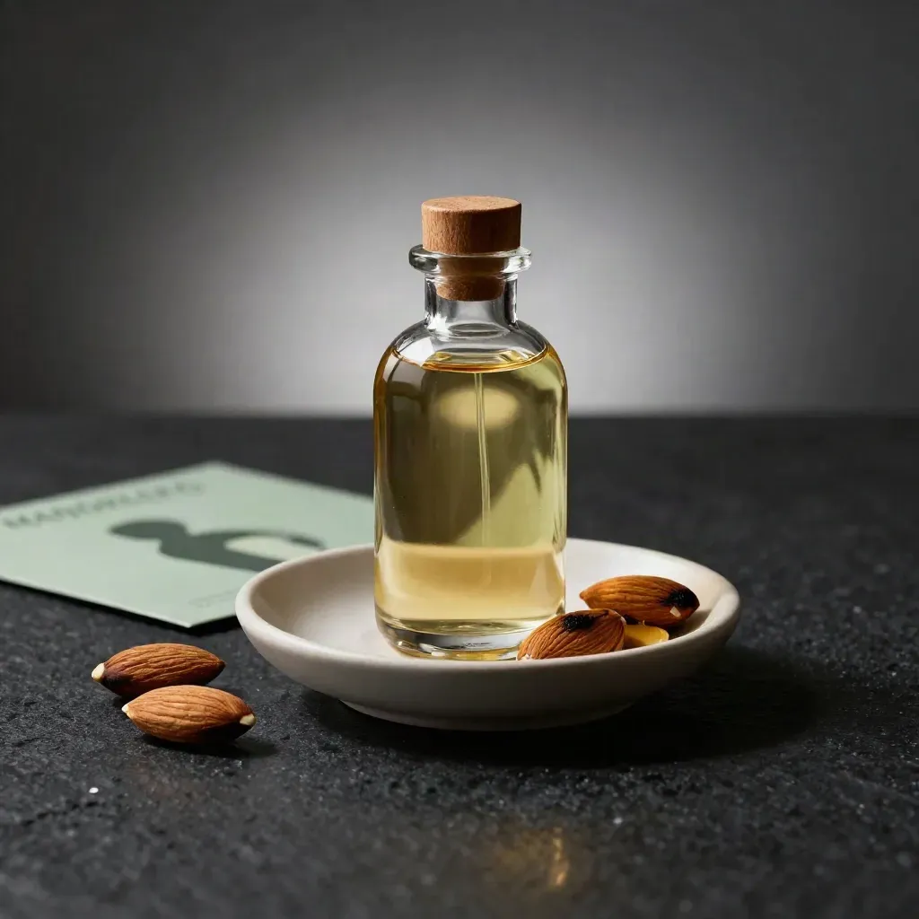 Bottiglia di olio di mandorle con mandorle tostate e piattino su fondo scuro