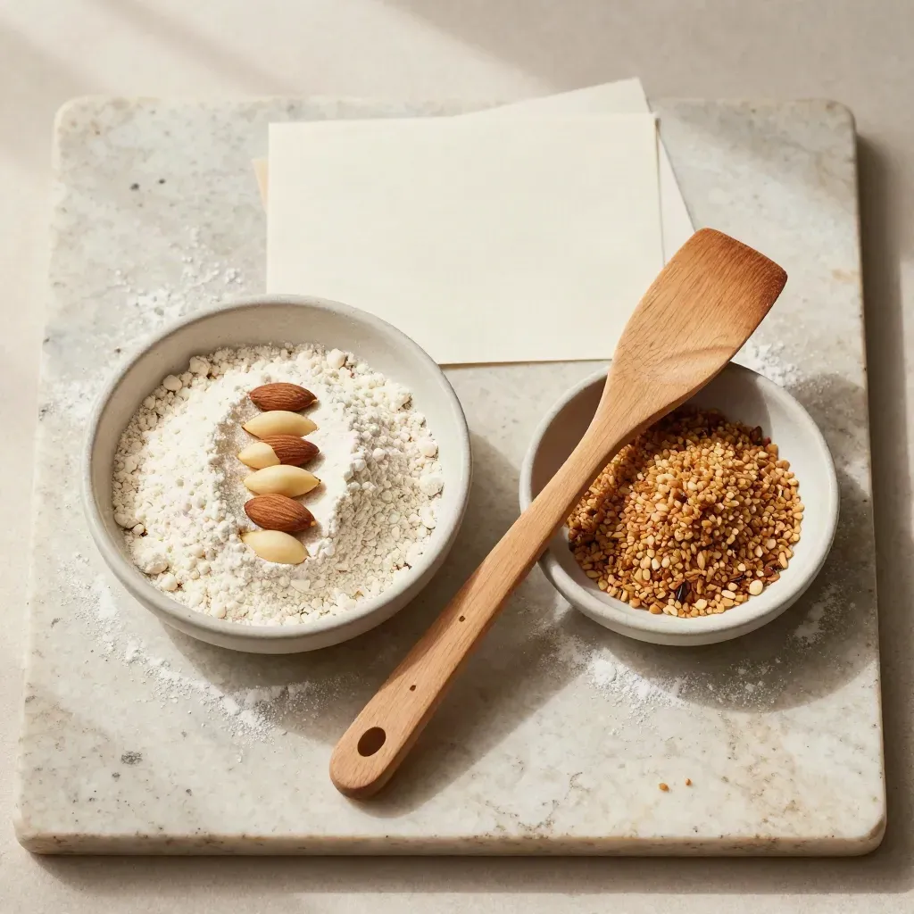 Flatlay dall'alto con farina di mandorle, mandorle pelate, granella e spatola su travertino.