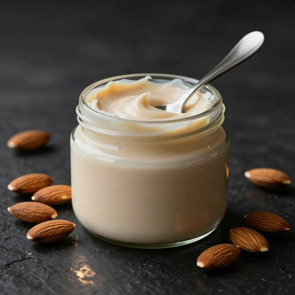 Vasetto di crema di mandorle con cucchiaino e mandorle tostate su fondo nero.