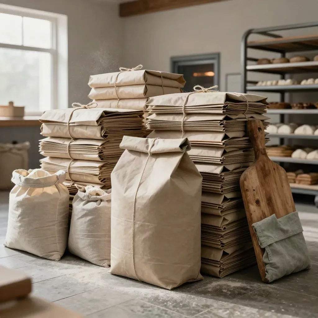 Pacco kraft da forno su pavimento in pietra, con twine e polvere di farina in una bakehouse luminosa.