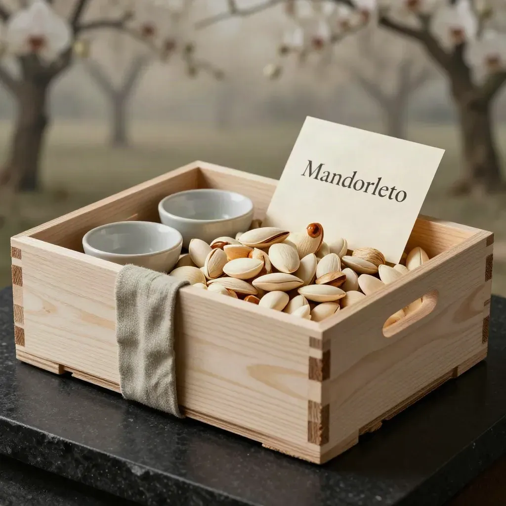 Cassetta degustazione con mandorle, ciotoline e carta piegata su pietra scura.