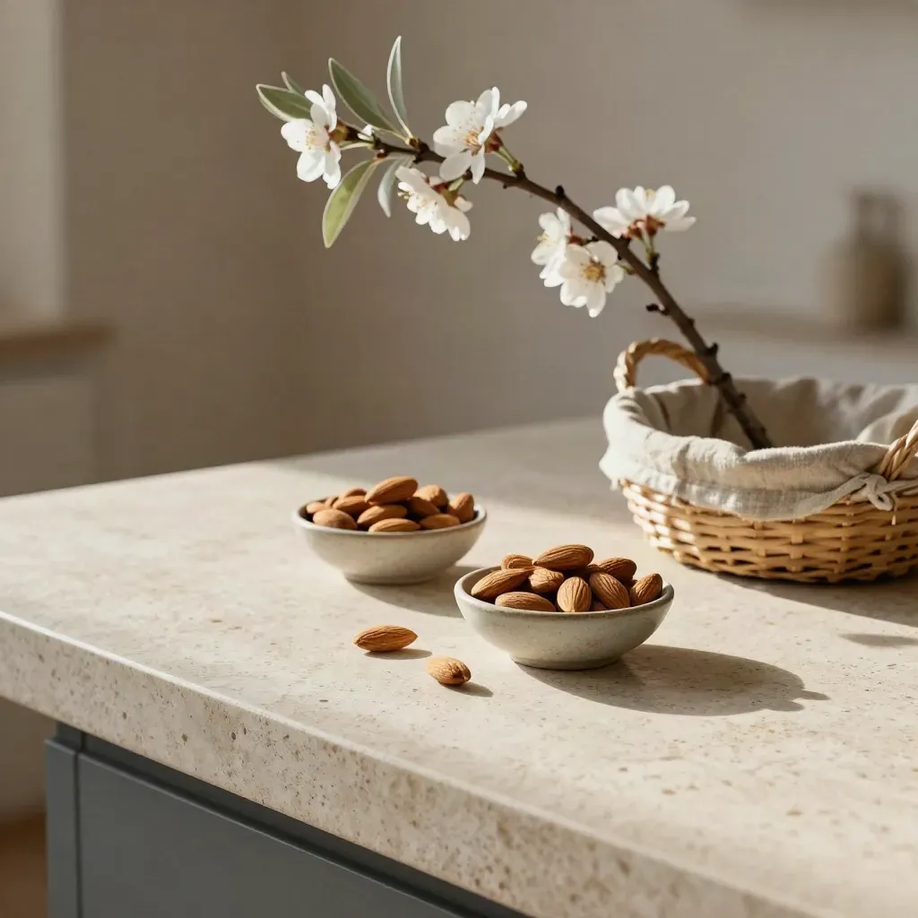 Interno mediterraneo con piano in travertino, ciotole sfocate e ramo di mandorlo in alto.