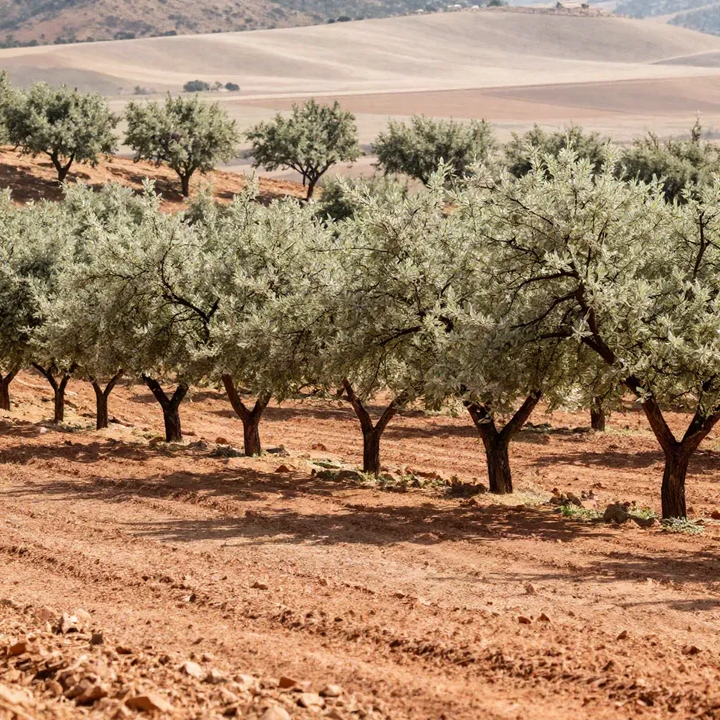 Frutteto di mandorli su pendio, luce radente e terreno terroso con spazio vuoto in basso.