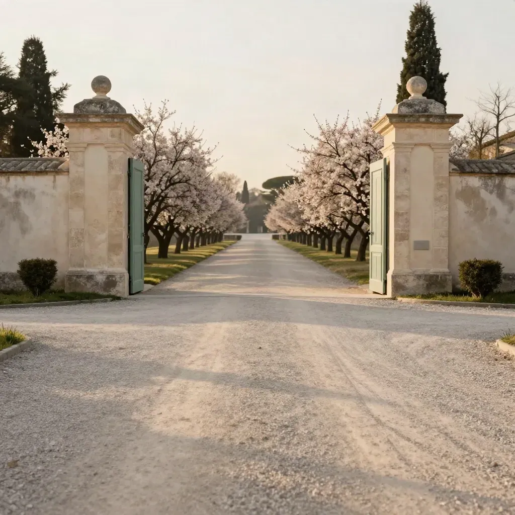 Ingresso della tenuta con viale di ghiaia, facciata chiara e cipressi in controluce
